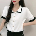 Load image into Gallery viewer, Women Sweet Preppy Style Knit Tops 2024 Korean Summer New Patchwork Short Flare Sleeve Polo Shirts Lady Basic Joker White Tees  Amaijoin
