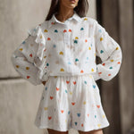 Load image into Gallery viewer, Women Two Piece Set Cotton Linen Ruffle Shirt Shorts Summer Home Heart Pattern Long Sleeve Button Blouse Short Set Outfits  Amaijoin
