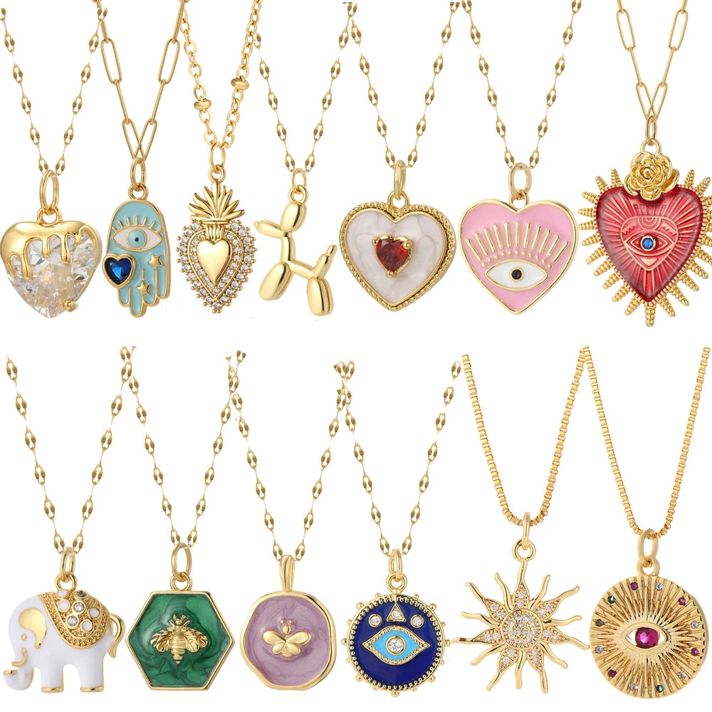 Boho Heart Evil Blue Eye Necklace for Women Collares Cute Sun Butterfly Gold Color Pendant Long Stainless Steel Chains Choker  Amaijoin