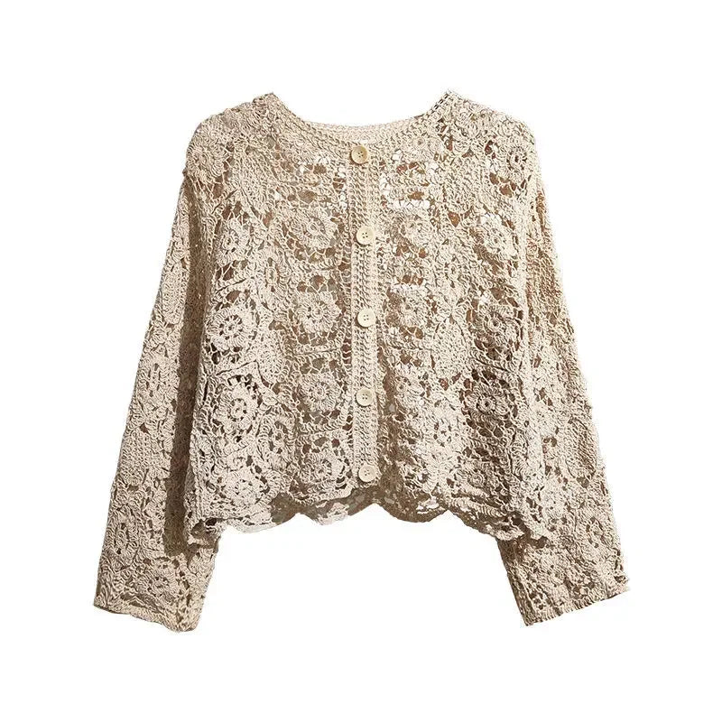 Lace Small Shawl Cotton Cardigan female 2023 spring and summer o neck long sleeve solid casual Versatile Hollow Cardigan Female  Amaijoin