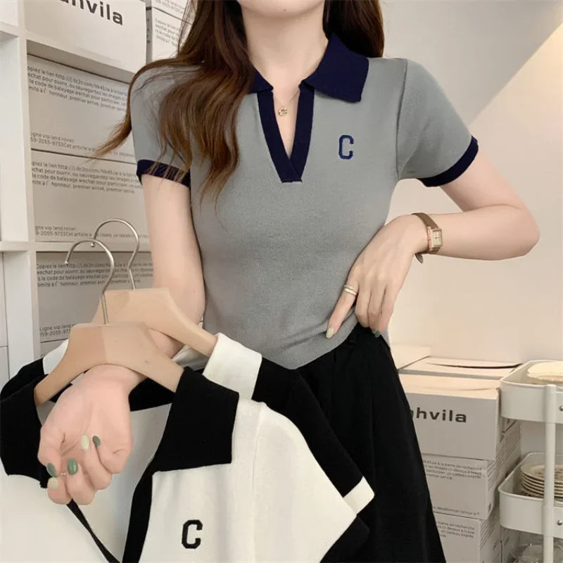 White Short Sleeve Tee Black Women's T Shirts Crop Top Clothes Polo Neck Shirt New Luxury V Aesthetic Sale Y2k Fashion Trend  Amaijoin