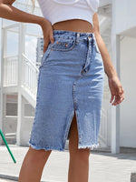 Load image into Gallery viewer, Benuynffy Zipper Fly Raw Hem Split Denim Skirt Women Spring and Summer High Waist Jeans Skirt Female Casual Bodycon Midi Skirts  Amaijoin
