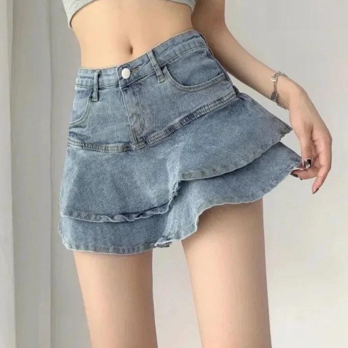 Spicy Girl Style High-waisted Denim Mini Dress Women's Slimming Bodycon Skirt A- line Semi-circular Design Sensible Niche Fit  Amaijoin