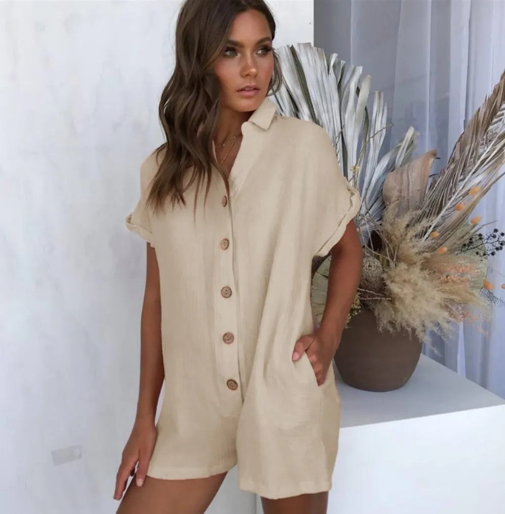 In stock! Fashionable women's clothing, spring and summer new products, hot selling lapel shirts, button up jumpsuits  Amaijoin