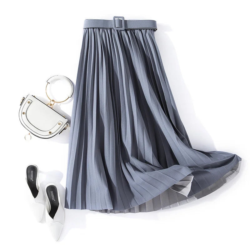 XFPV 2023 New Autumn Summer Fashion Solid Color High Waist Pleated A Line medium and long Skirt Women SM1983  Amaijoin