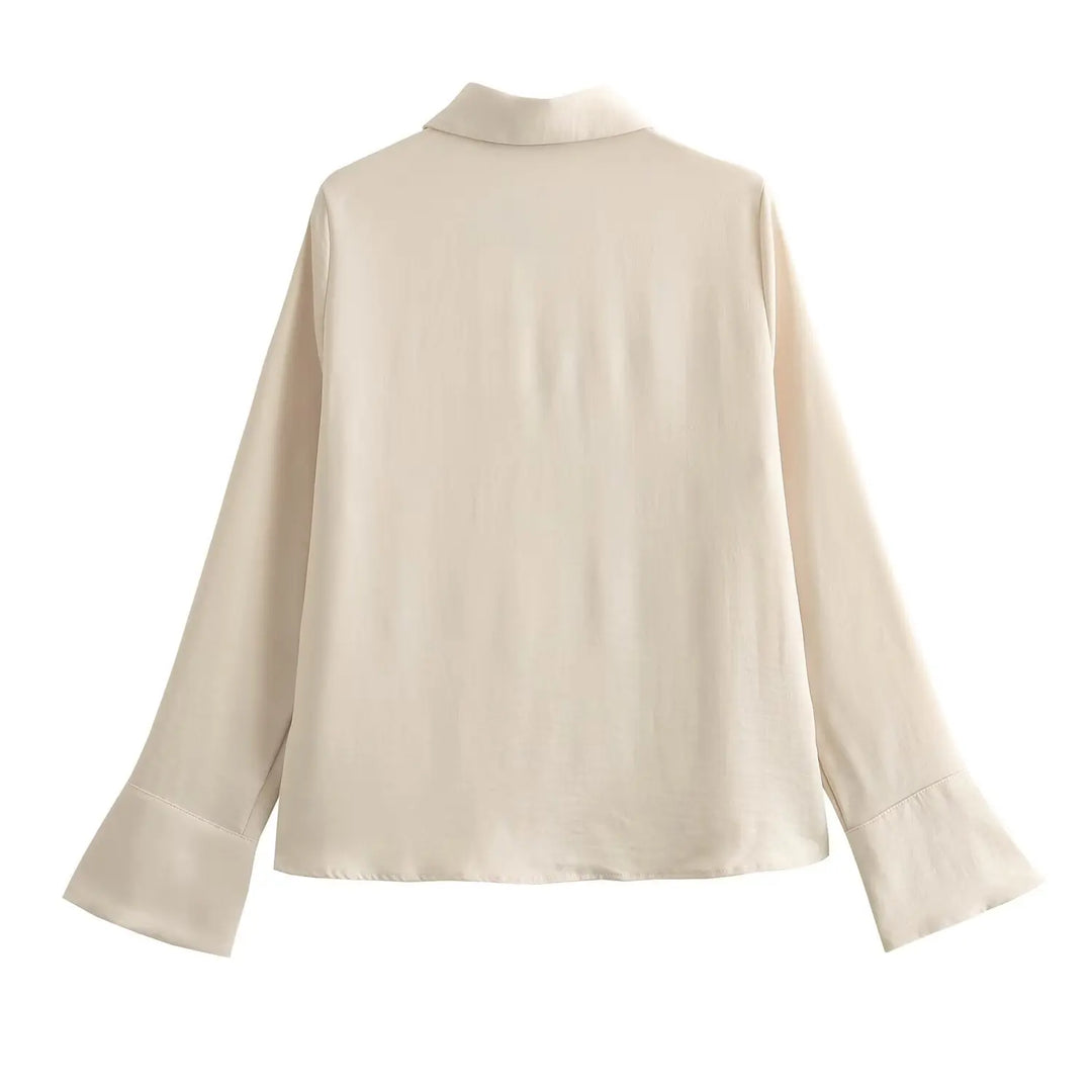 Taop&Za Women's New Shirt Silk Texture Pearl Buckle Layered Decorative Satin Single breasted Top  Amaijoin