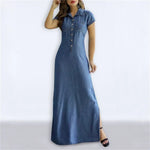 Load image into Gallery viewer, Europe And America Cross Border New Long Dress Shirt Collar Split Pocket Large Swing Dress Large Casual Denim Dress  Amaijoin
