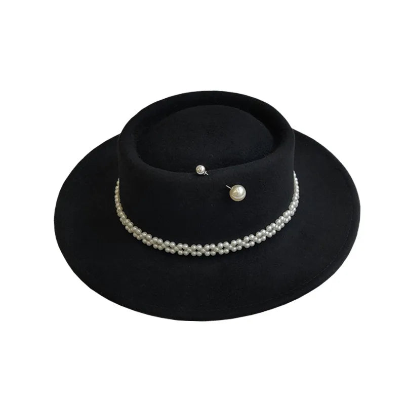 Women's Pearl Chain Fedora High Fashion with Pearl Pins Bump Cap Black White Autumen Winter Ladies Fedoras Wide Brim Girl Hat  Amaijoin