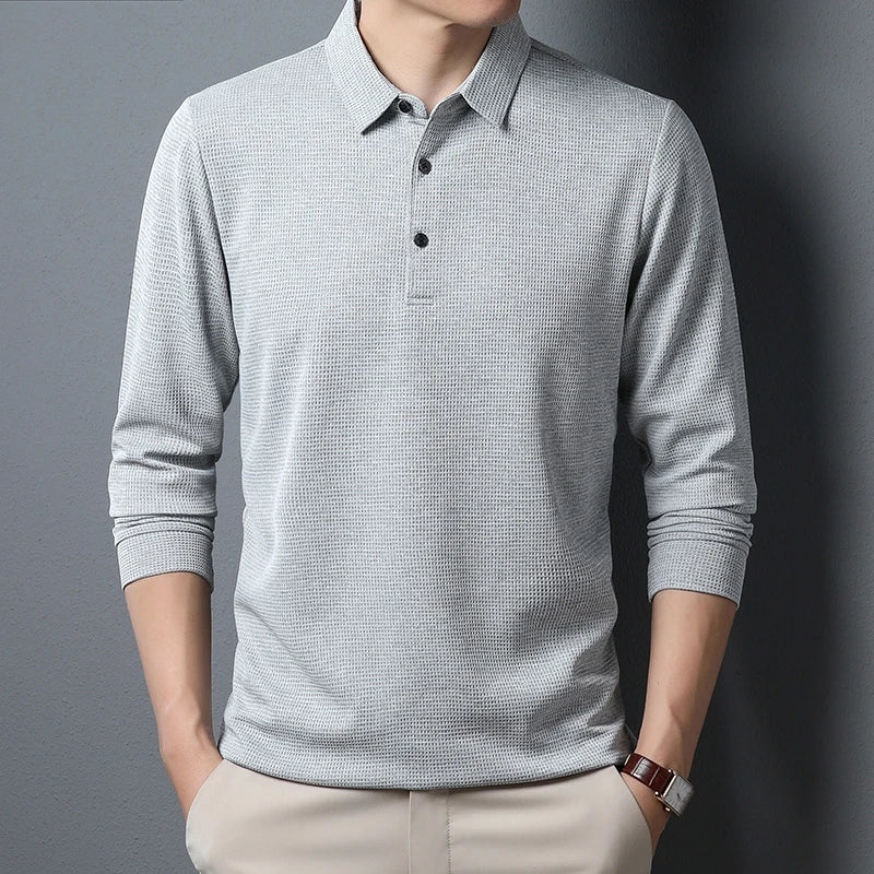 Men's Business Casual Polo Long Sleeve T-shirt Summer Comfortable  Solid Cotton Top  Amaijoin