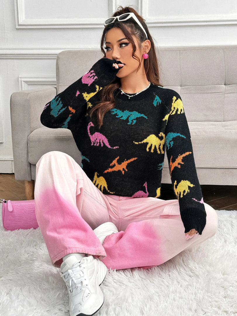 Dinosaurs Print Crew Neck Pullover Sweater  Y2K Long Sleeve Color Block Knitted Sweater For Spring & Summer  Women's Clothing  Amaijoin