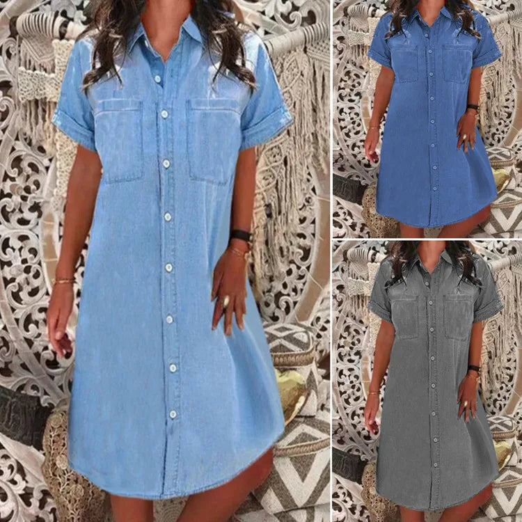 New style pocket solid color denim dress casual dress, multi-functional denim dress day, often casual and fashionable  Amaijoin