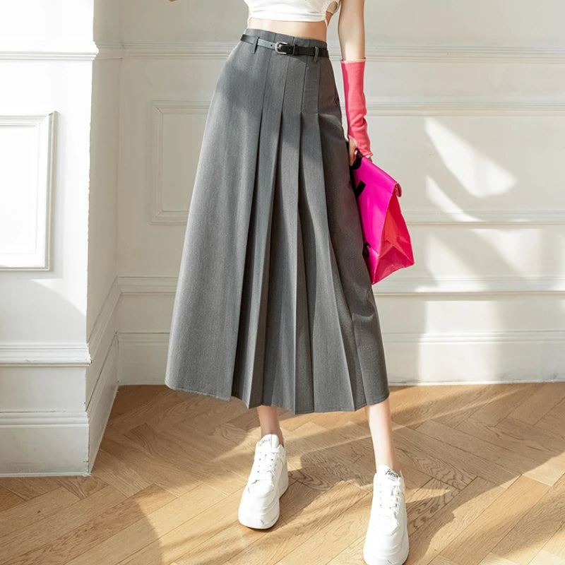 Gray Fashion High Waist A-line Pleated Skirt Women Long Skirts Office Lady Elegant Suit Skirt 2023 New Spring Summer Midi Skirts  Amaijoin