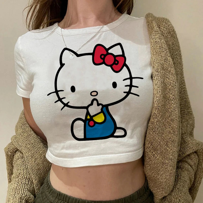 Tshirt Crop Top Hello Kitty T-shirt Kawaii T Shirt Sanrio Anime Cartoon Children Casual Clothes Y2k Cropped Tee Shirt Top  Amaijoin