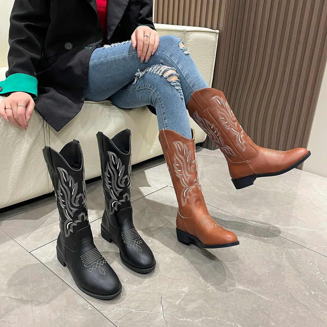 Autumn/Winter 2023  Western cowboy boots all-in-one adult women's boots Embroidered sleeve rider motorcycle boots mid-calf boots  Amaijoin