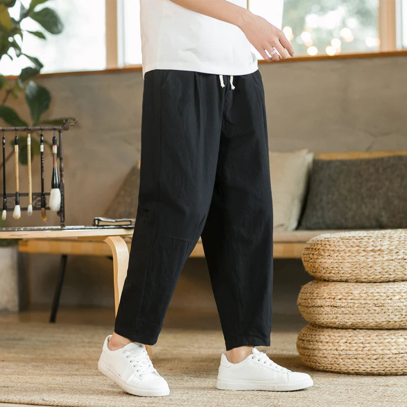 2023 Summer Men's Trousers Cotton Linen Fashion Casual Pants Solid Color Breathable Loose Shorts Straight Pants Streetwear M-5XL  Amaijoin