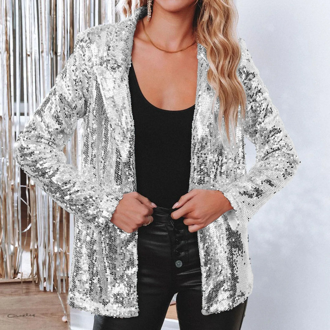 Women Sequins Sequin Jacket Casual Long Sleeve Glitter Party Shiny Lapel Coat Vintage Lapel Sequins Jackets Club Party Wear  Amaijoin