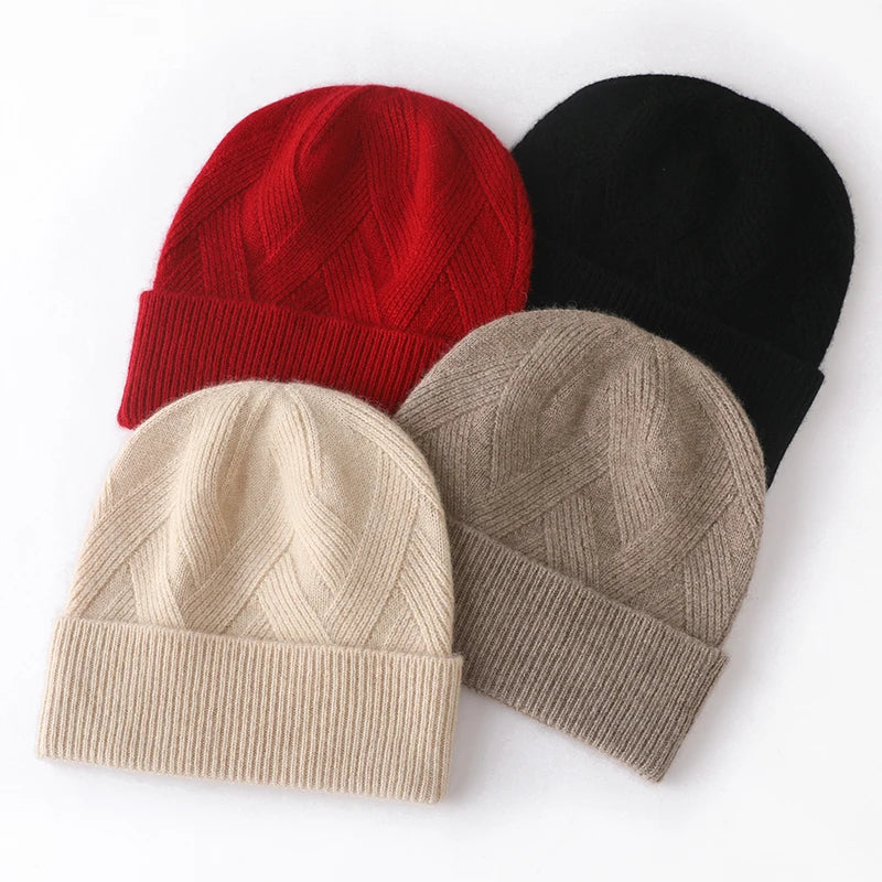 Women Hat Winter New 100% Pure Cashmere Knitted Headgears Soft Warm Hats Lady Fashion Casual Thicken Cap Quality Cashmere Cap  Amaijoin