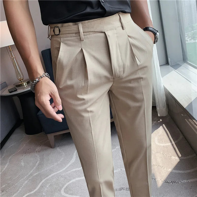 High-quality Belt Design Slim Fit Suit Pants Men Slim Fit Casual Trousers Solid Color Business Dress Pants Wedding Party Costume  Amaijoin