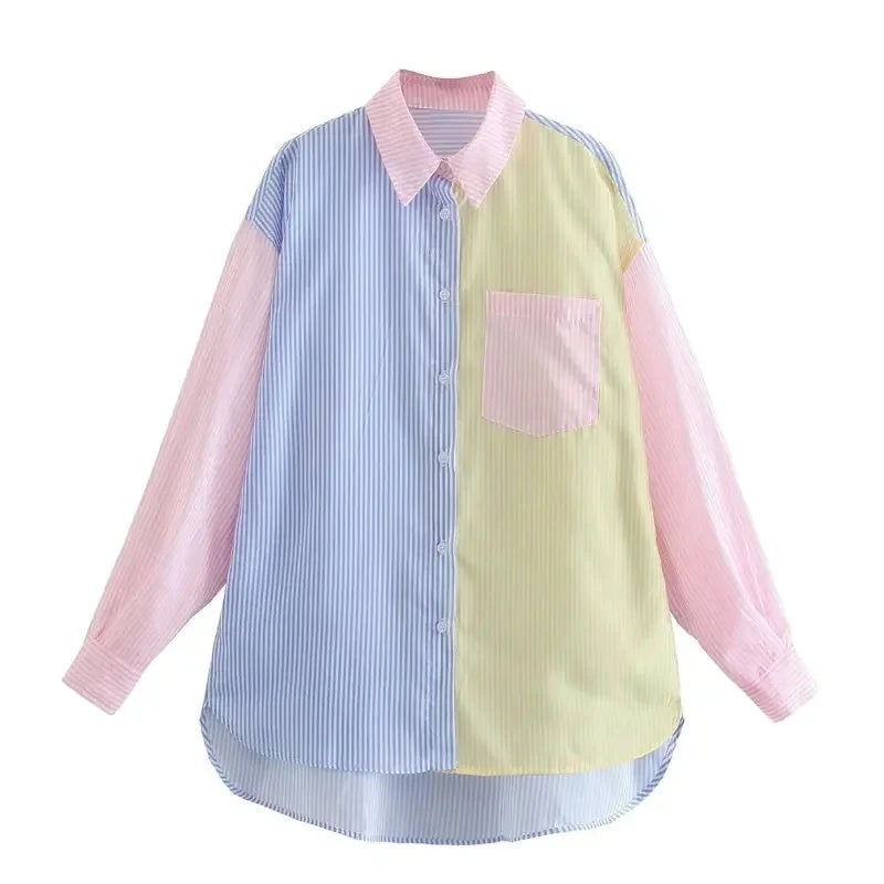 ALLUKASA  2021 Women Fashion Contrast Color Striped Print Smock Blouse Office Ladies Breasted Casual Shirts Chic Blusas Tops  Amaijoin