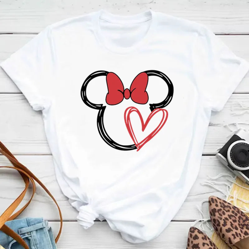 New T-shirts for Women Fashion Heart Minnie Print T Shirt Streetwear Clothes Kawaii Mickey Mouse Disney T Shirt Female Tops  Amaijoin