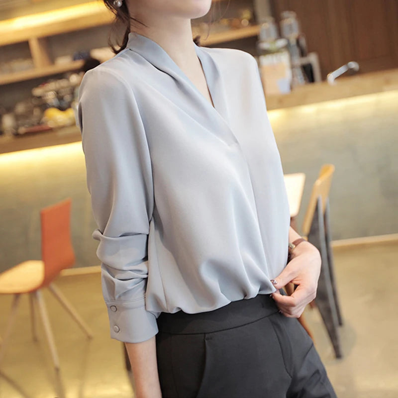 2023 Autumn Long Sleeve White Shirt Women Korean Style V-neck Loose Tops Summer Office Lady Solid Chiffon Blouse Female 9382  Amaijoin