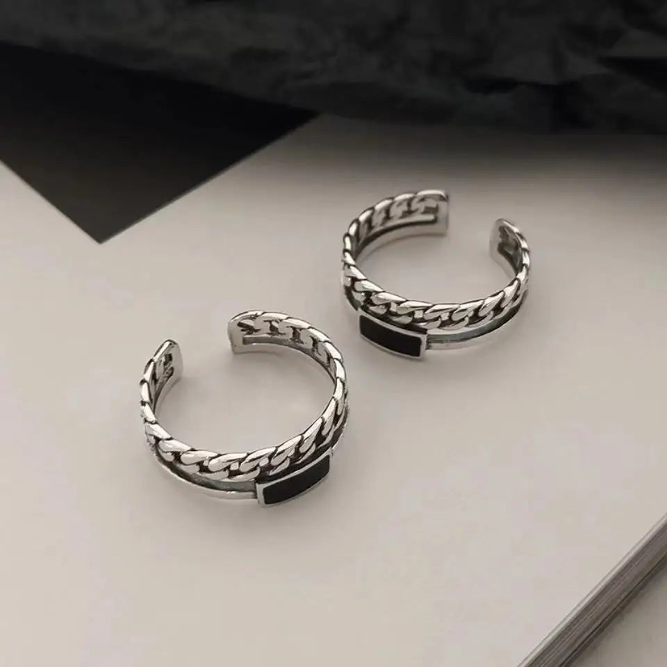 Retro Braided Chain Ring Men Jewelry Fashion Personality Open Ring S925 Double Layer Black Glue Twists Index Finger Accessories  Amaijoin