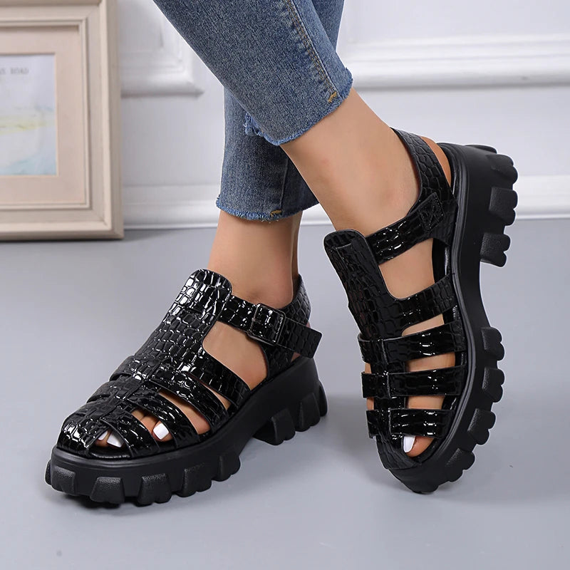 Summer Fashion Gladiator Women Narrow Band Cross-tied Platform Square Heel Peep Toe Rome Design Sexy Mature Shoes Ladies Female  Amaijoin