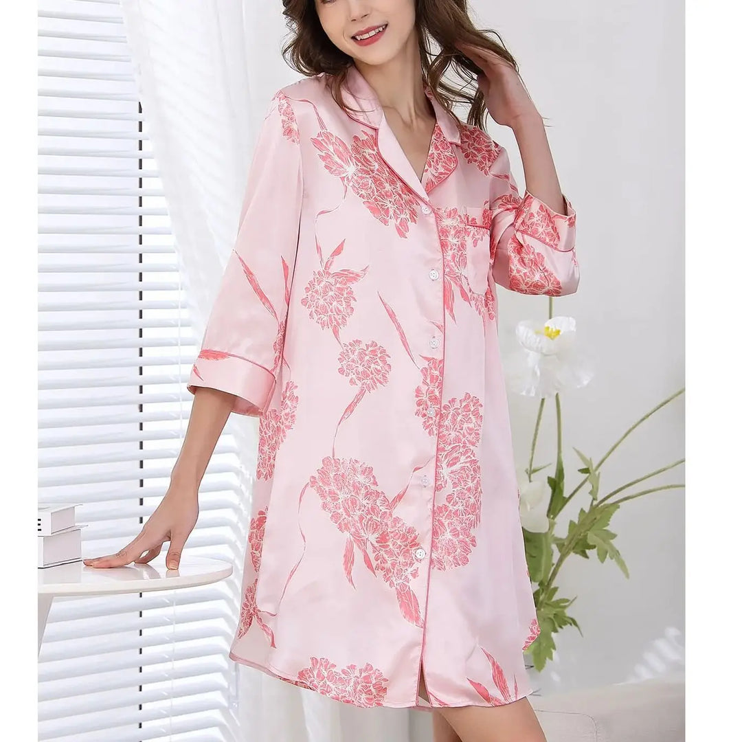 BirdTree, 19MM 100%Real Silk Pajamas Dress, Women Floral Print, Sexy Retro Loose Sleepwear, 2024 Summer New Nightgown P43997QM  Amaijoin