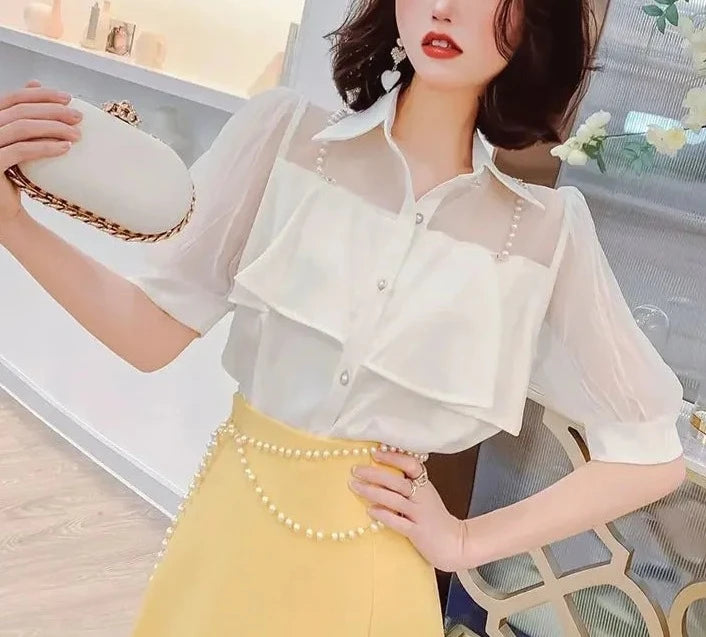 Button Up Womens Shirt & Blouse White Clothes Chiffon Black Tops for Women Short Sleeve Yellow Tunic 2024 Luxury Designer Cool S  Amaijoin