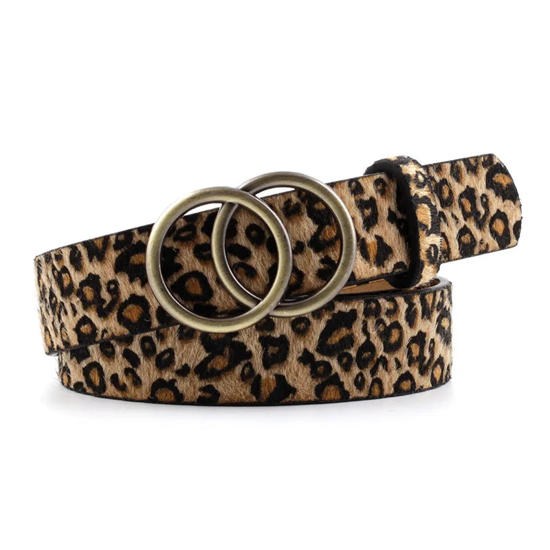 Double Ring Belts for Women Girls Fashion Leopard Waist Belt PU Metal Pin Buckle Belt Leisure Dress Jeans Wild Waistband  Amaijoin