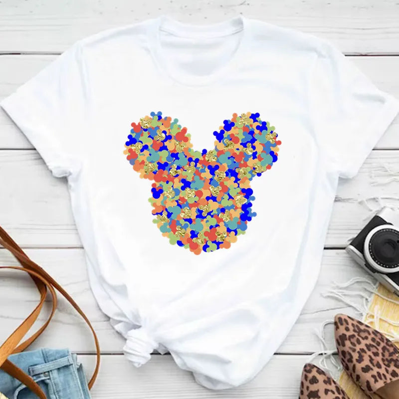 New T-shirts for Women Fashion Heart Minnie Print T Shirt Streetwear Clothes Kawaii Mickey Mouse Disney T Shirt Female Tops  Amaijoin