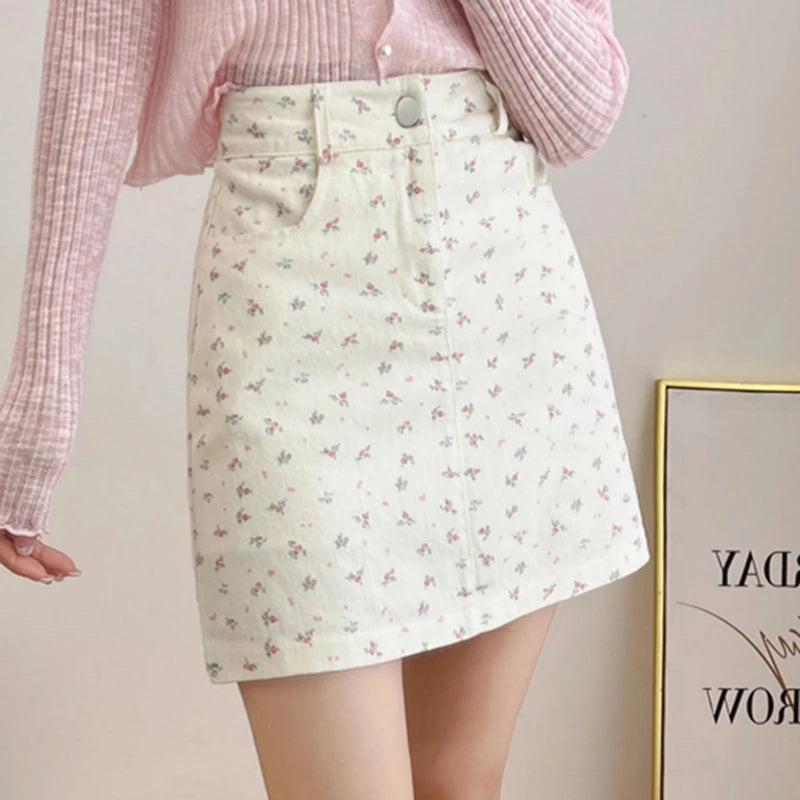 Korean Fashion Women's Casual Floral Pirnted High Waist Jeans Skirt Summer Beach Sexy Mini Denim Skirts Pink Khaki White Saias  Amaijoin