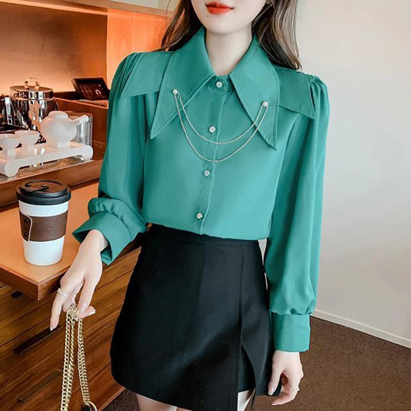 Doll Pointed Neck Turn Down Collar Bubble Long Sleeve Loose Top Chain Casual Shirt And Blouses OL Woman French Elegant 2024Trend  Amaijoin