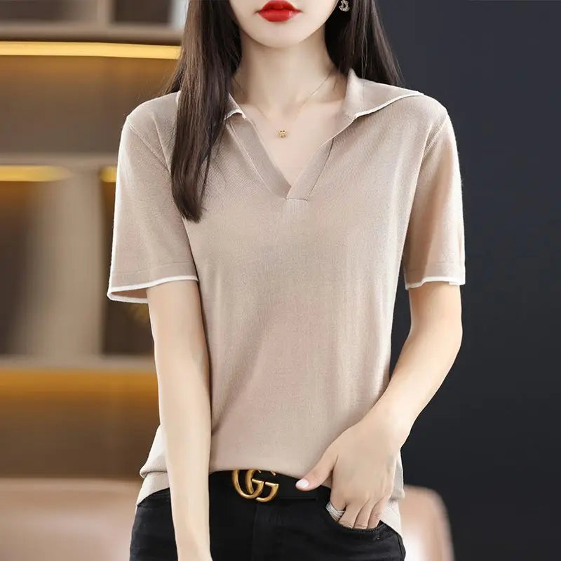 Clothing Short Sleeve Tee T-shirt Woman Plain Polo Neck Shirts for Women Red Tops Sale Luxury Youth Synthetic Aesthetic V Cotton  Amaijoin