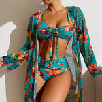 Load image into Gallery viewer, Bikini 2024 Women 11 Colors Sexy High Waist Bikini 3 Pieces Floral Print Swimsuit With Mesh Long-Sleeved Blouse Brazilia 3Piece  Amaijoin
