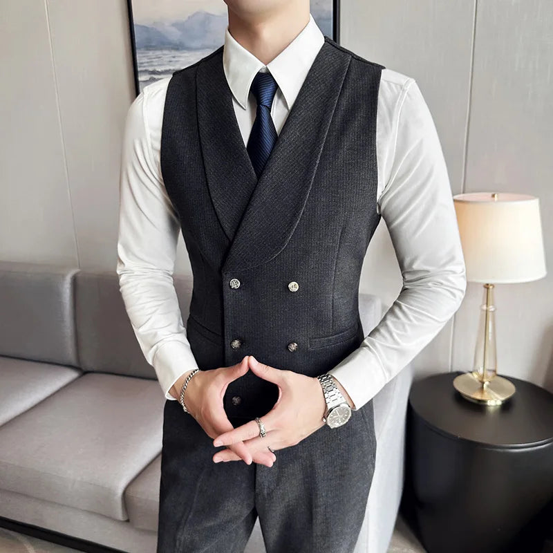 High Quality Men's British Business Suit Vest Men's Brand Clothing Slim-fit Vest Men's Double-breasted Blazer Dress Waistcoat  Amaijoin