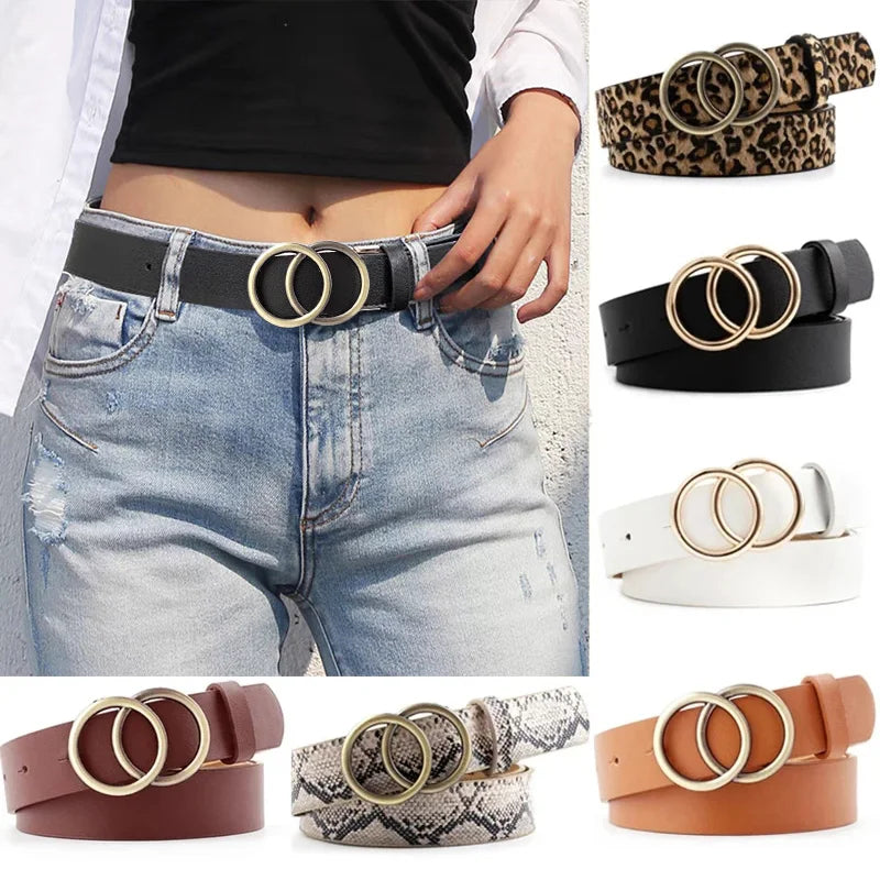 Double Ring Belts for Women Girls Fashion Leopard Waist Belt PU Metal Pin Buckle Belt Leisure Dress Jeans Wild Waistband  Amaijoin