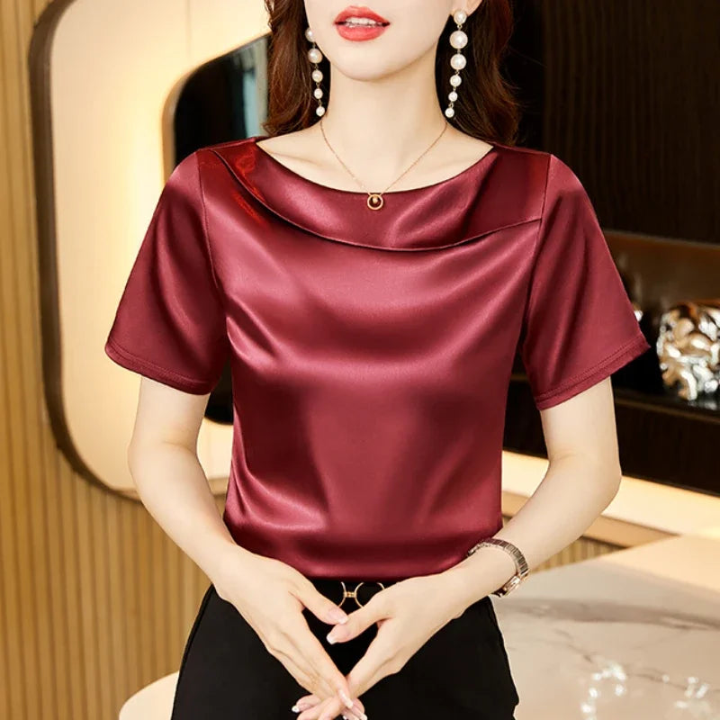 Satin Women Blouse T-shirt Skew Collar Blouses Summer Short Sleeve Womens Tops Solid Elegant Women Clothing OL Shirts for Women  Amaijoin