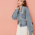 Load image into Gallery viewer, Denim Short Coat Women Lovely Autumn Pearls Buttons Lapel Loose Jacket Korean Fashion Female Casual Light Blue Street Outwear  Amaijoin
