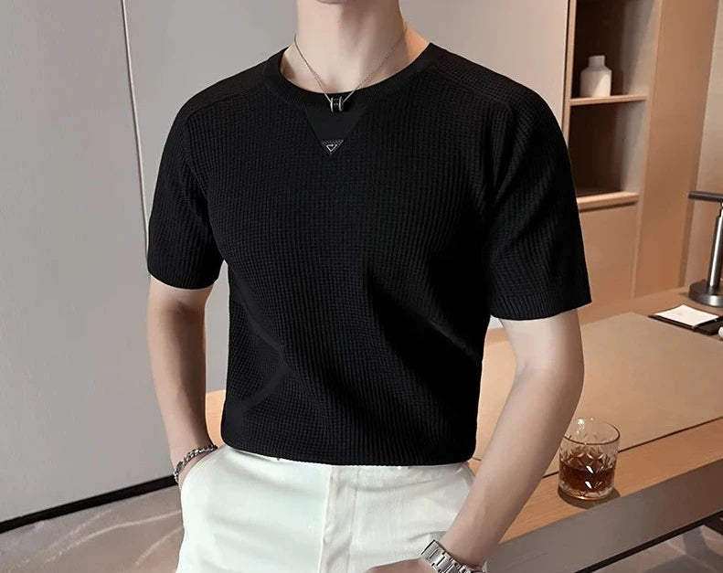 Trend Simple Solid Round Neck Knitted T-shirt Short Sleeve Versatile Casual T-shirt Business Social Tee Bottoming Shirt M-4XL  Amaijoin