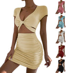 Load image into Gallery viewer, Y2k2024 Summer New Short sleeved Sexy V-neck Open Waist Hollow Wrapped Hip Dress  Amaijoin
