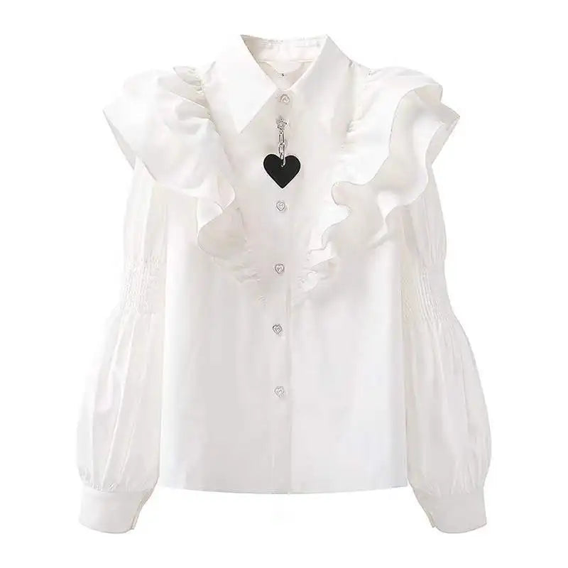 Elegant Lantern Sleeve Chiffon Blouses Women Cotton Chic Long Sleeve Shirts Casual Loose Office Wear Ruffled Shirt Buttons V143  Amaijoin