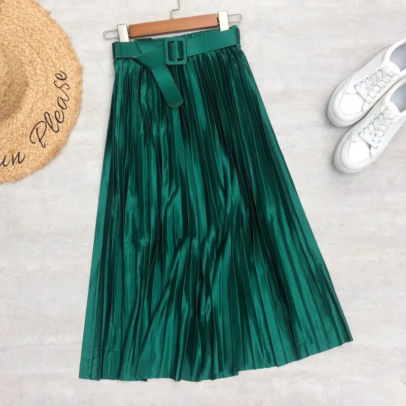 2024 New High Waist Elegant Stain Women's Pleated Skirts with Belted Solid Skirts Mi-long Umbrella Skirt Spring Summer  Amaijoin