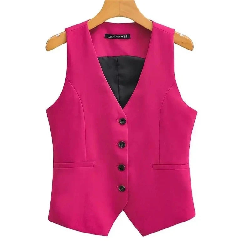 Women Fashion V Neck Sleeveless Pockets Short Vest Jacket Office Lady Single Breasted Casual Slim WaistCoat Tops CT2208  Amaijoin