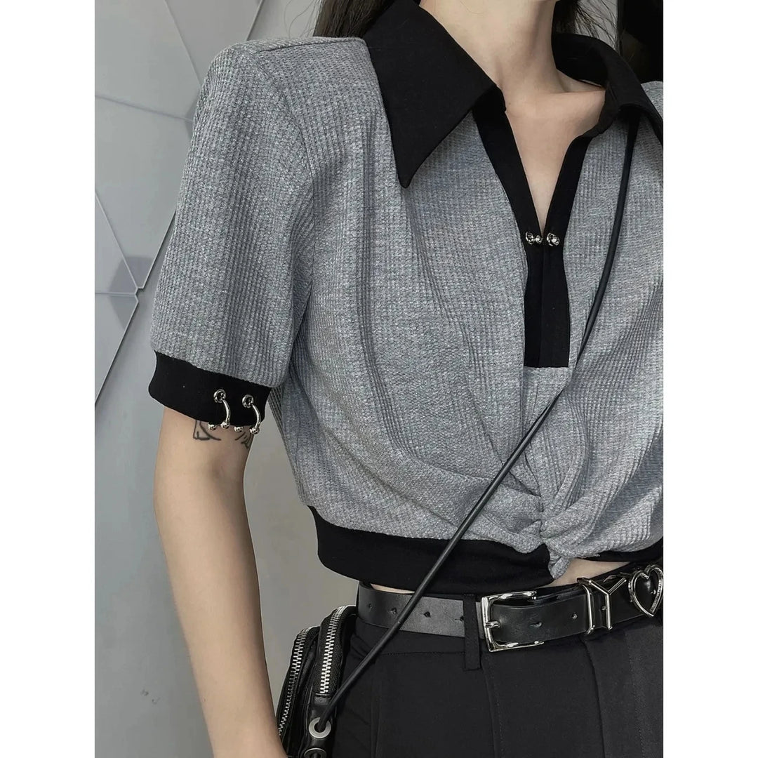 Design Grey Polo Short Sleeve T-Shirt Ladies Chic Crop Top Casual Brand  Streetwear Summer Women's Trend  Aesthetic Clothes Loos  Amaijoin