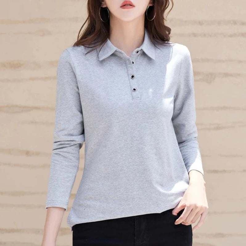 Autumn New In Basic T Shirt Long Sleeve Cotton Plus Size Cotton Polo T- Shirt Women Button Casual Office Lady Formal Women Tops  Amaijoin