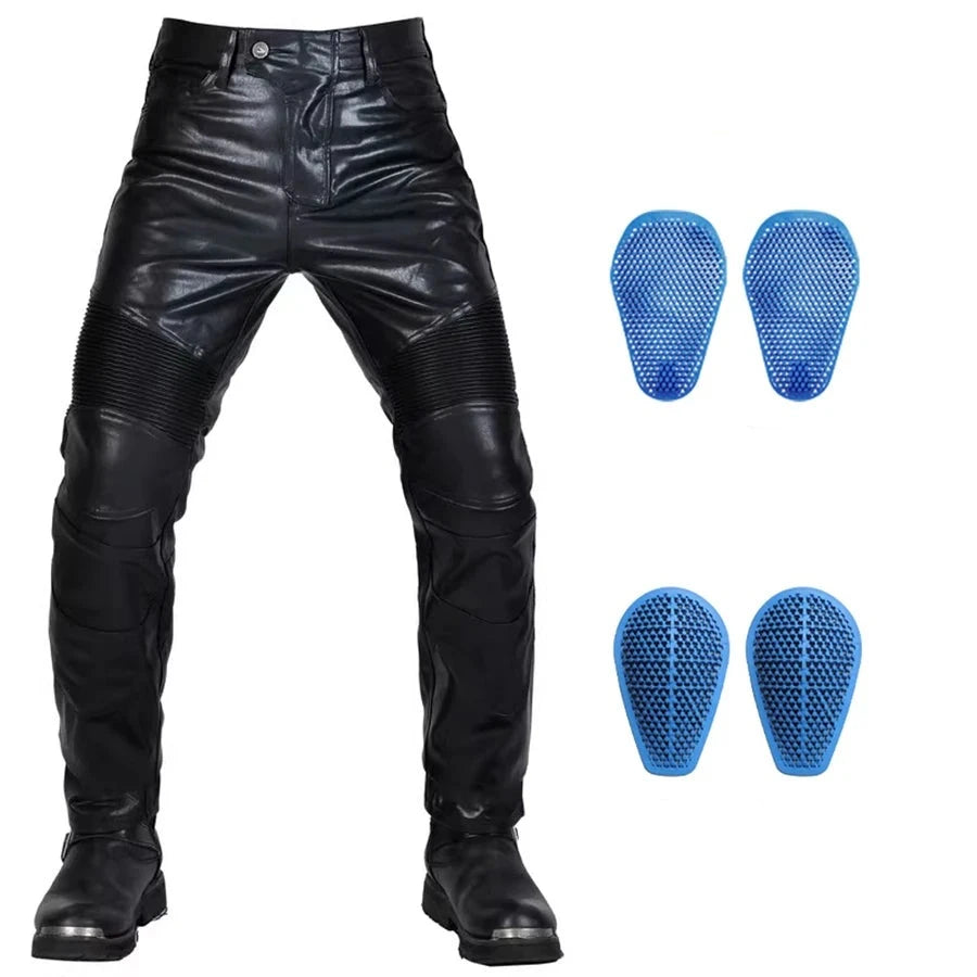 NEW Motorcycle Riding Jeans Motocross Racing Pants PU Leather Biker Trousers Waterproof Windproof Men With 4X CE Knee Hip Pad  Amaijoin