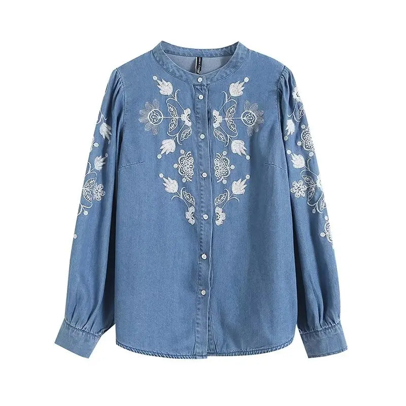 Streetwear 2024 New Floral embroidery shirt for women Denim blouse High quality O-neck Long Puff sleeve tops Autumn INKEO 4T058  Amaijoin