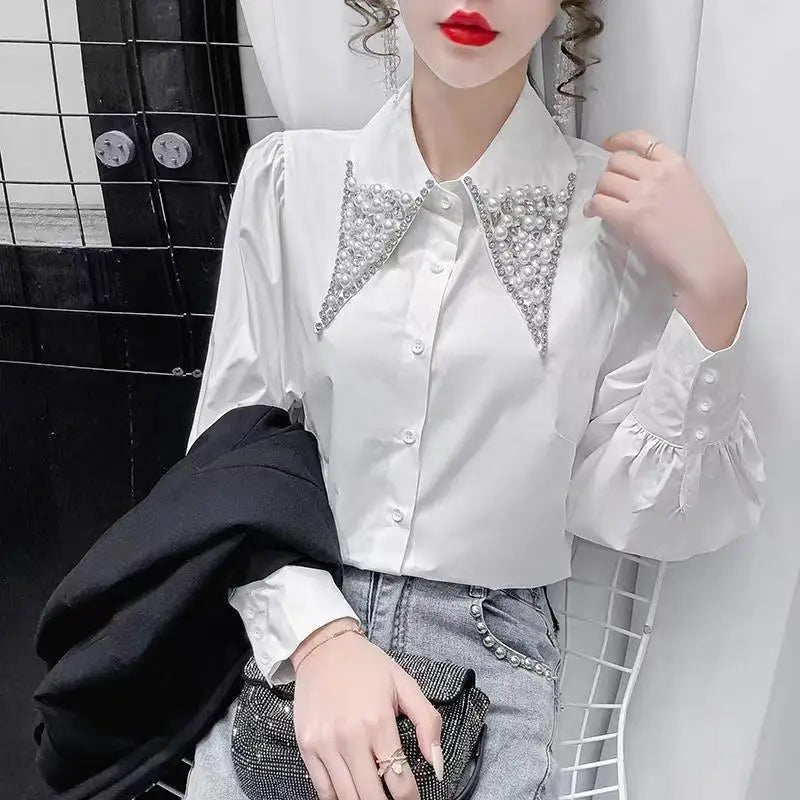 Polo Shirts for Women in Spring 2024 Korean Fashion Long Sleeved Shirts with Studded Elegant Commuter Tops Blouse Women  Amaijoin