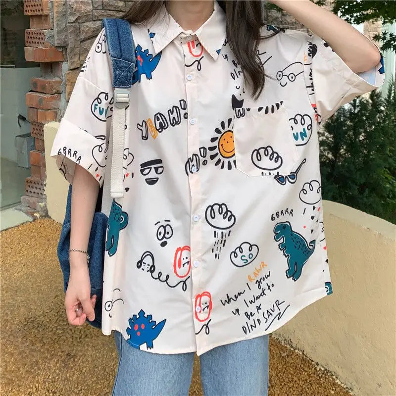 Cute Print Loose Short Sleeve T Shirt Oversize Fashion Woman Blouse 2023 Summer Thin Korean Free Shipping  Amaijoin